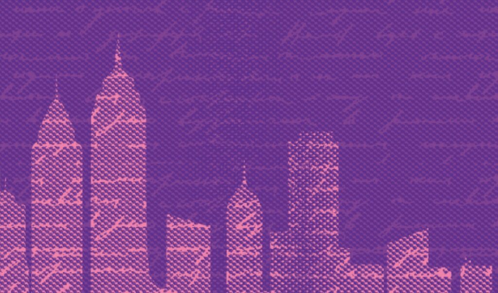 A city skyline on a purple background